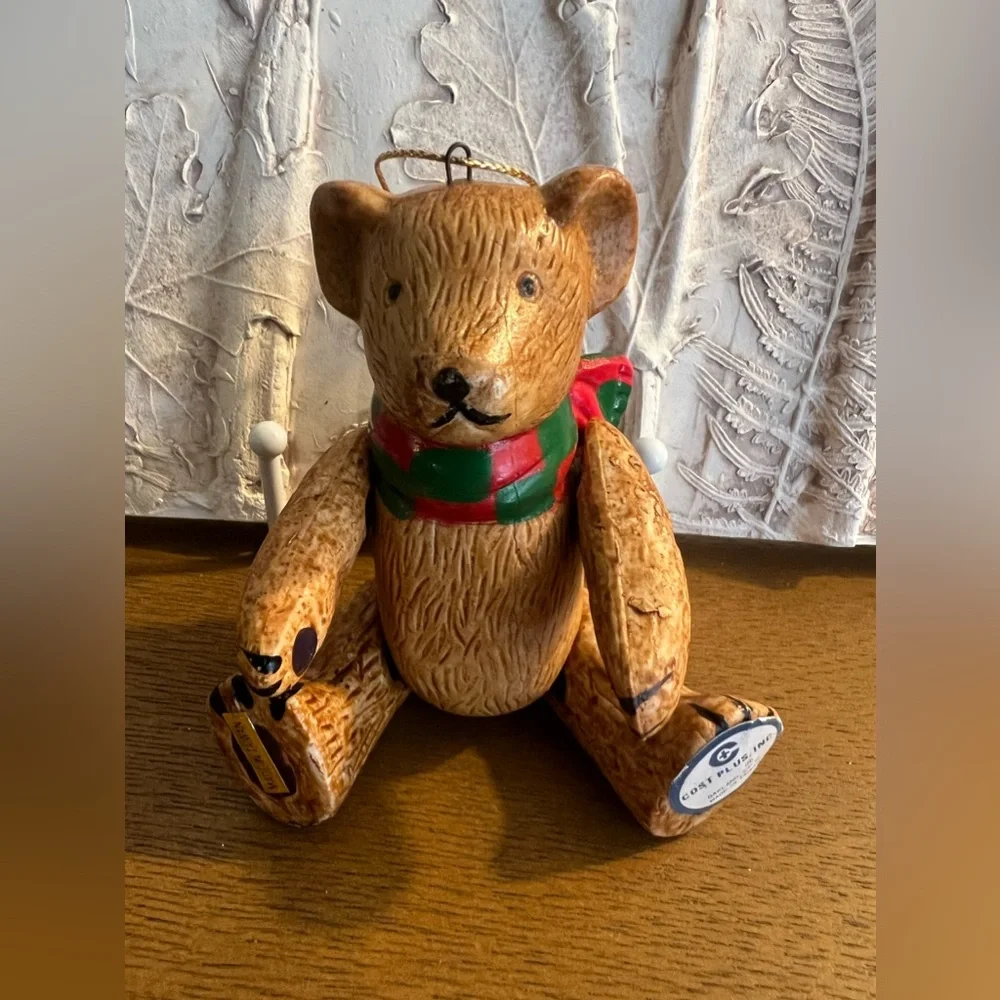 Vintage Brown Ceramic Teddy Bear Articulated Moveable Joints Christmas Ornament